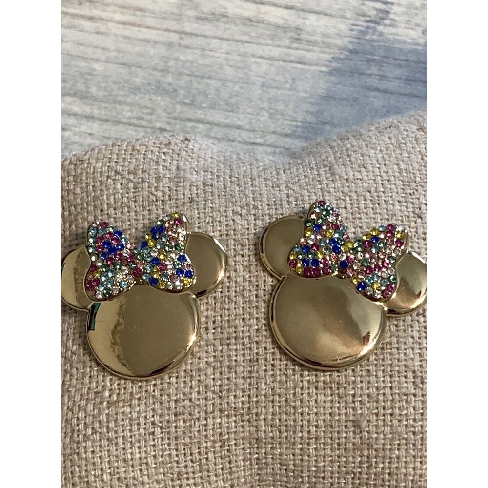 BaubleBar Disney Minnie Mouse EARRINGS Multicolor Pave Bow NWOT Gold Tone